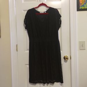 Isaac Mizrahi Women's Black Beige Eyelet Cap Sleeve V Neck Dress Size 16